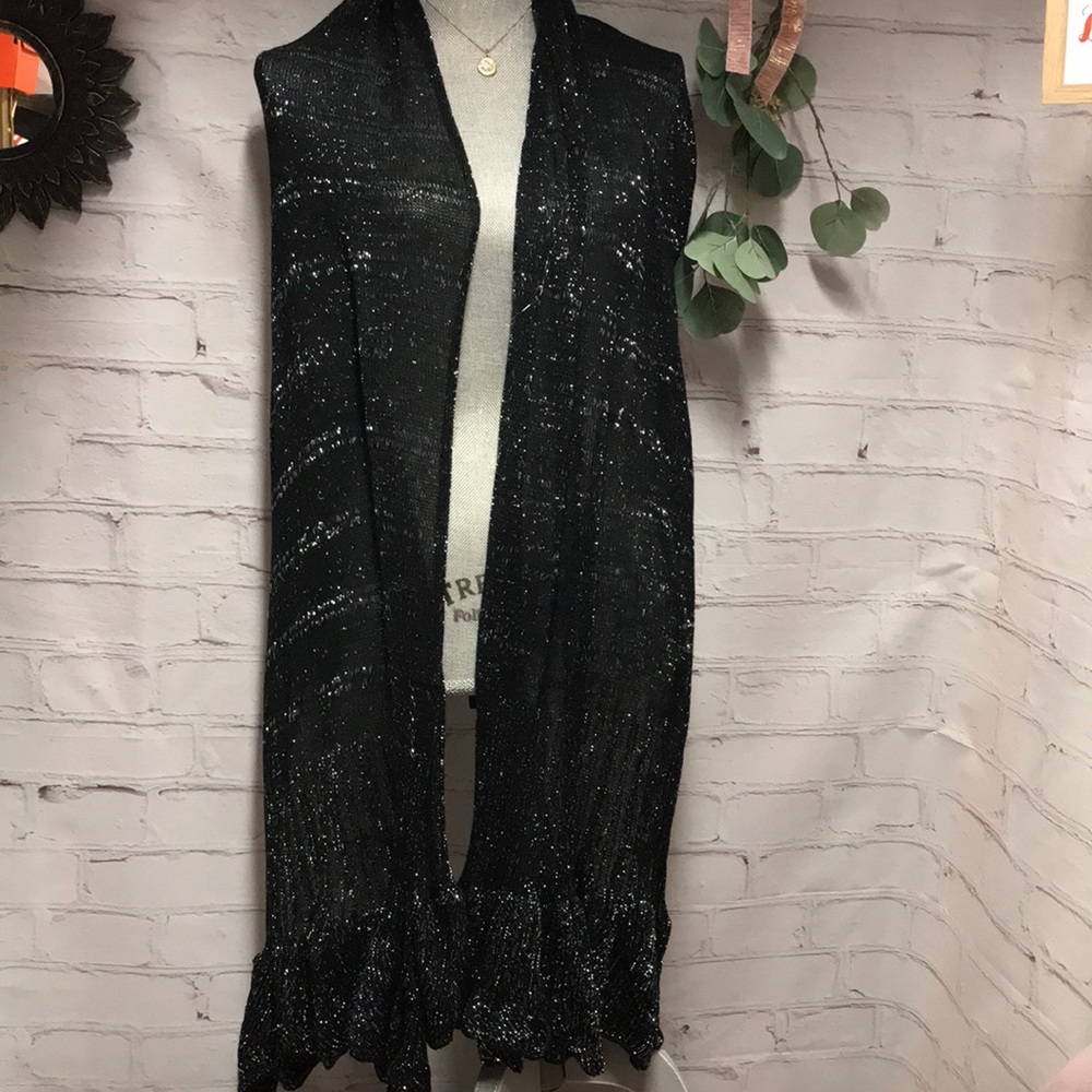 Black & Silver ruffle knit long duster shawl / holiday scarf dressy 96 inches